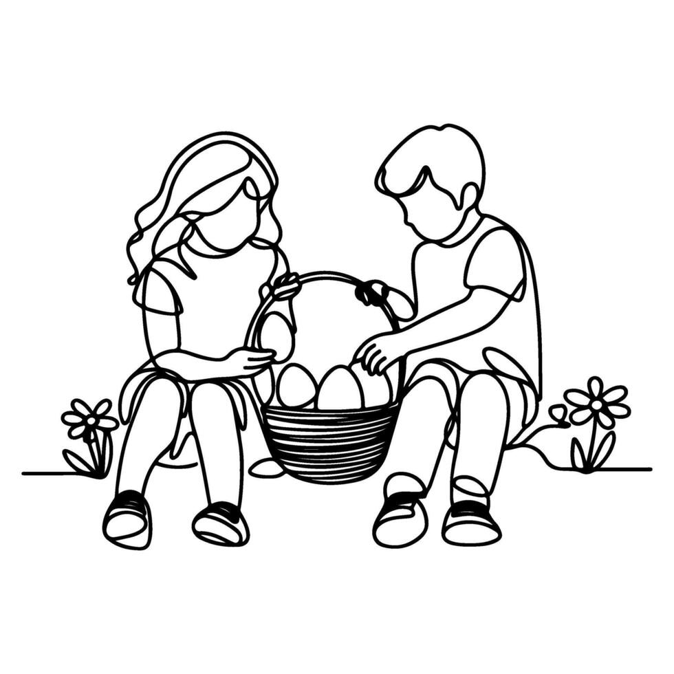 children find and pick up eggs hunt. Hand drawn bunny continuous black line drawing art. Kid carries basket easter egg doodle coloring vector illustration elements.