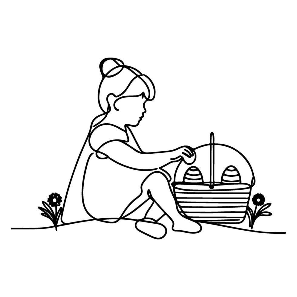 children find and pick up eggs hunt. Hand drawn bunny continuous black line drawing art. Kid carries basket easter egg doodle coloring vector illustration elements.