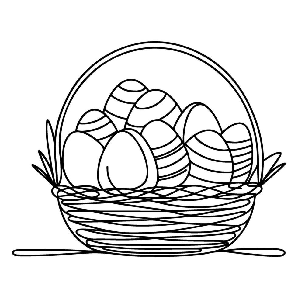 One continuous hand drawing black line basket easter eggs doodle decorated with Many different design for easter egg outline style vector