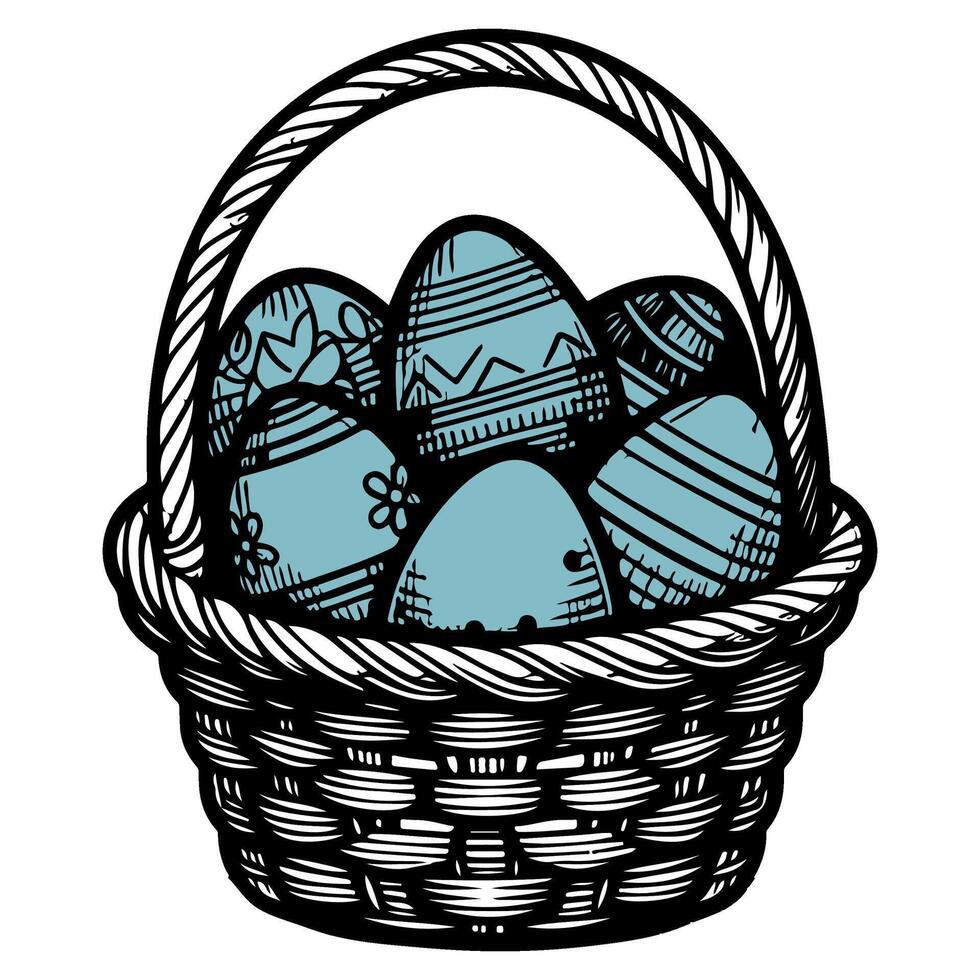 One continuous hand drawing black line basket easter eggs doodle decorated with Many different design for easter egg outline style vector