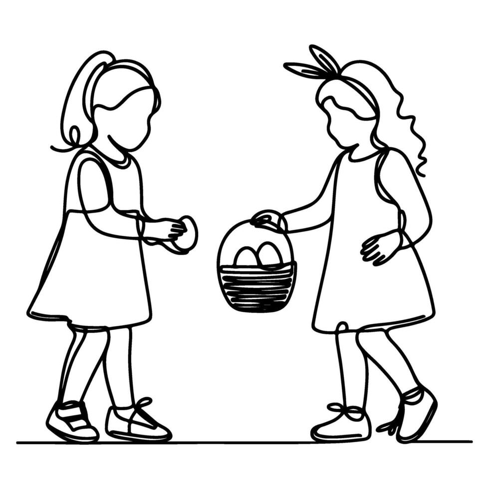 children find and pick up eggs hunt. Hand drawn bunny continuous black line drawing art. Kid carries basket easter egg doodle coloring vector illustration elements.