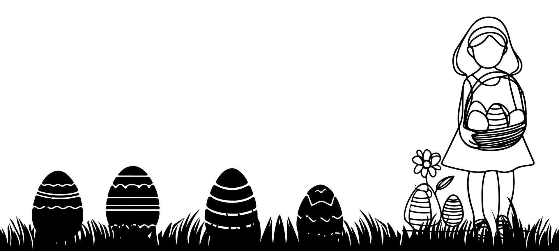 Happy easter egg day with kids, bunny. Rabbit and black grass silhouette seamless on transparent background vector