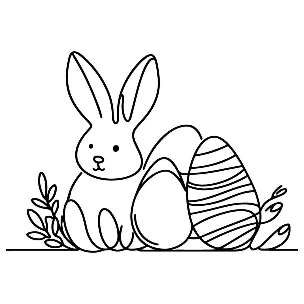 Hand drawn black line art rabbit easter egg doodle coloring linear style vector illustration elements. one continuous line drawing bunny with eggs Editable stroke outline