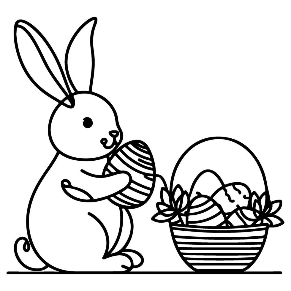 Hand drawn black line art rabbit easter egg doodle coloring linear style vector illustration elements. one continuous line drawing bunny with eggs Editable stroke outline