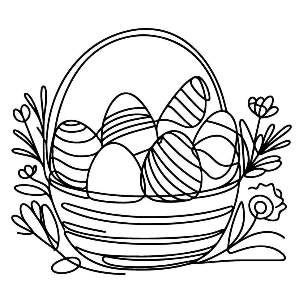 One continuous hand drawing black line basket easter eggs doodle decorated with Many different design for easter egg outline style vector