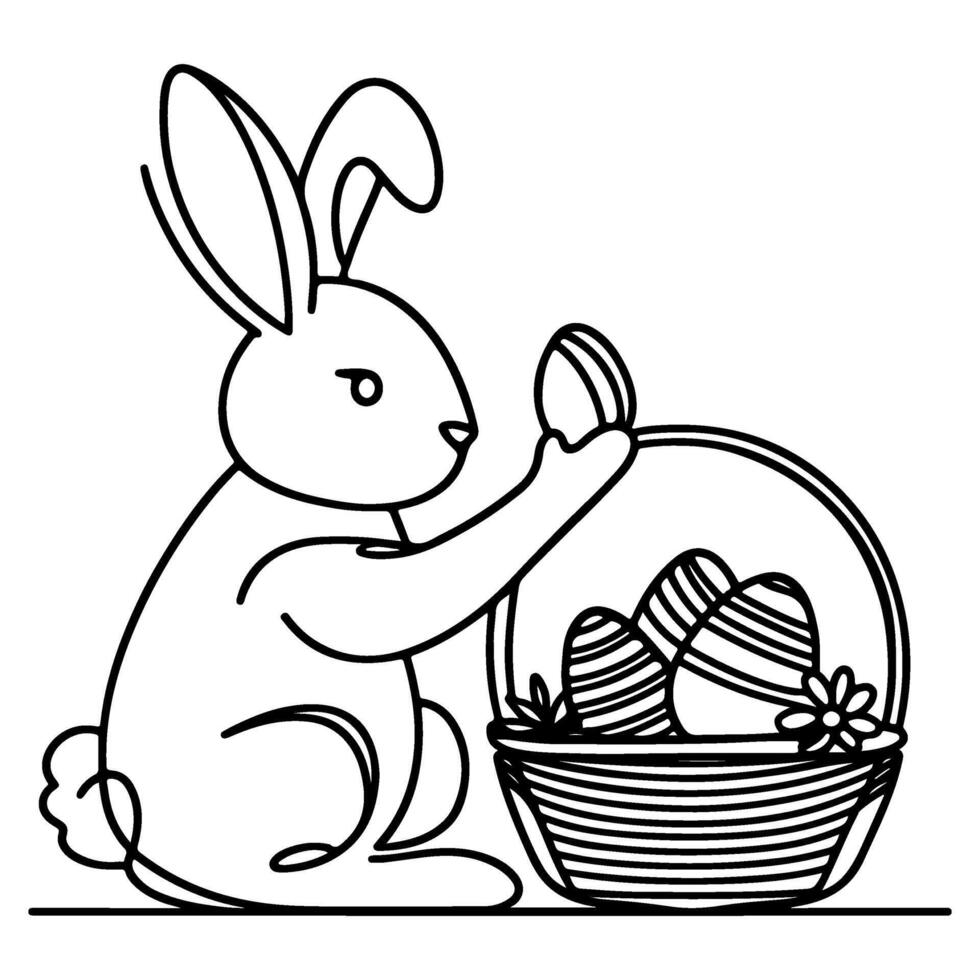 Hand drawn black line art rabbit easter egg doodle coloring linear style vector illustration elements. one continuous line drawing bunny with eggs Editable stroke outline