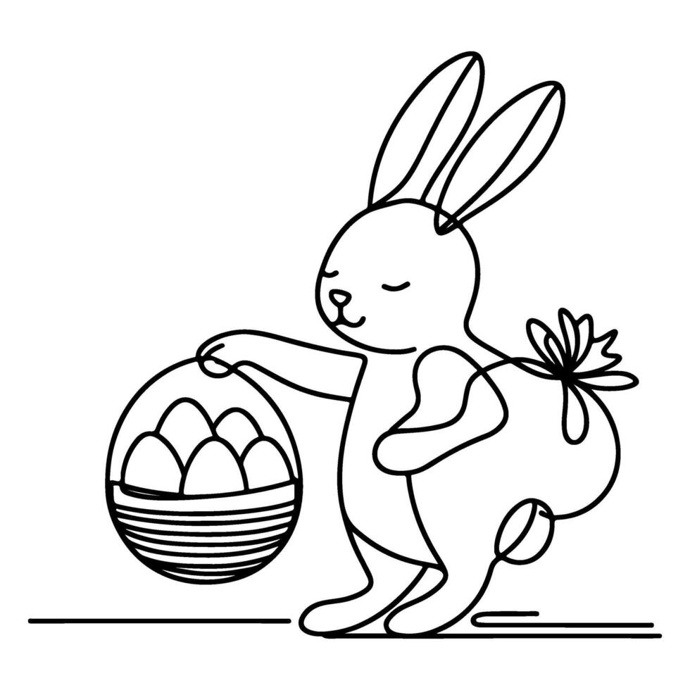 Hand drawn black line art rabbit easter egg doodle coloring linear style vector illustration elements. one continuous line drawing bunny with eggs Editable stroke outline