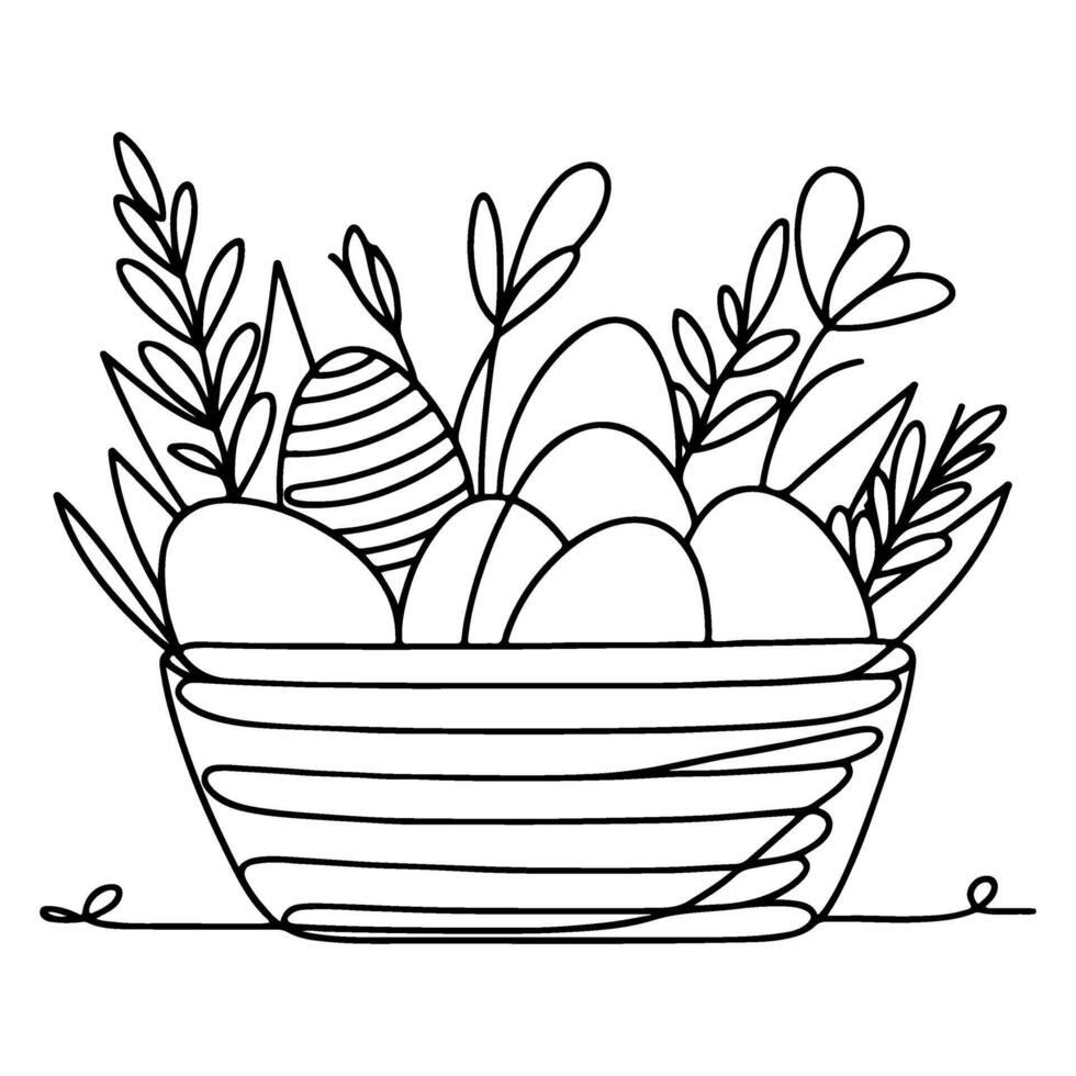 One continuous hand drawing black line basket easter eggs doodle decorated with Many different design for easter egg outline style vector