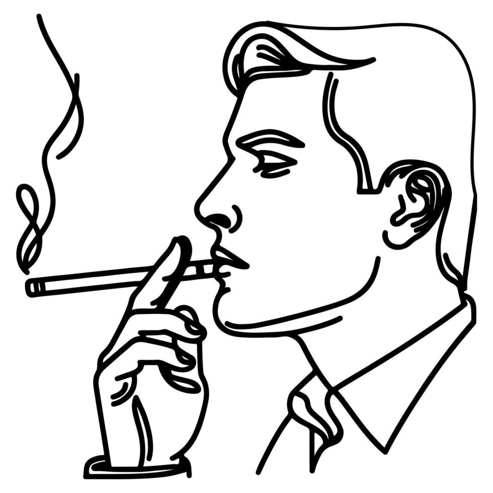 continuo línea mano dibujo cerca arriba hombre de fumar cigarrillo vector en blanco antecedentes