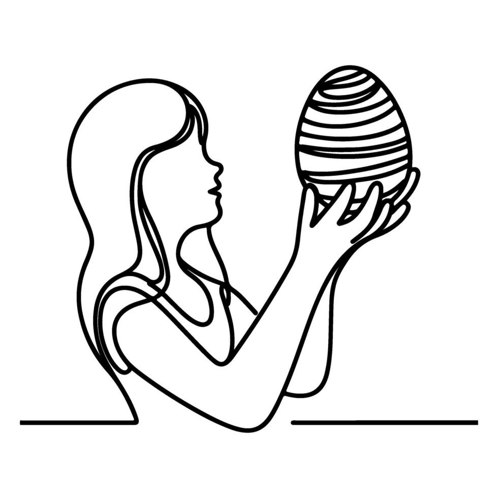 children find and pick up eggs hunt. Hand drawn bunny continuous black line drawing art. Kid carries basket easter egg doodle coloring vector illustration elements.