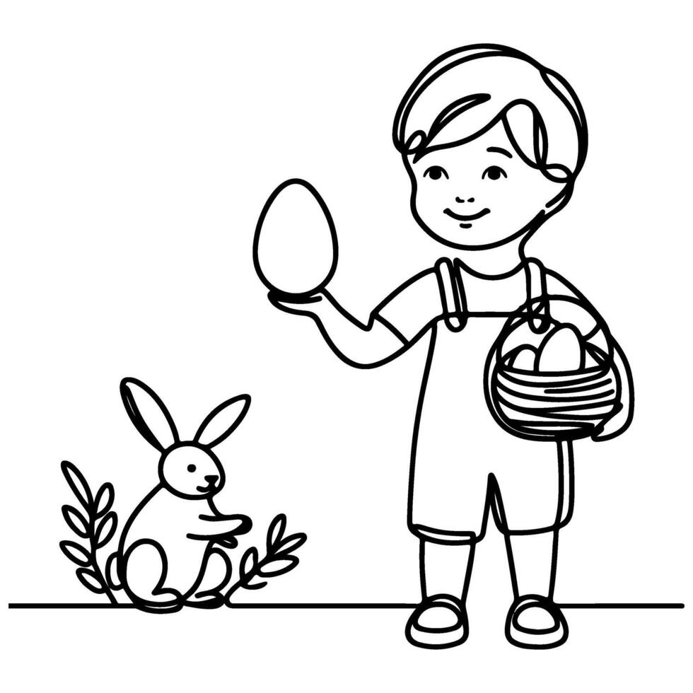 children find and pick up eggs hunt. Hand drawn bunny continuous black line drawing art. Kid carries basket easter egg doodle coloring vector illustration elements.