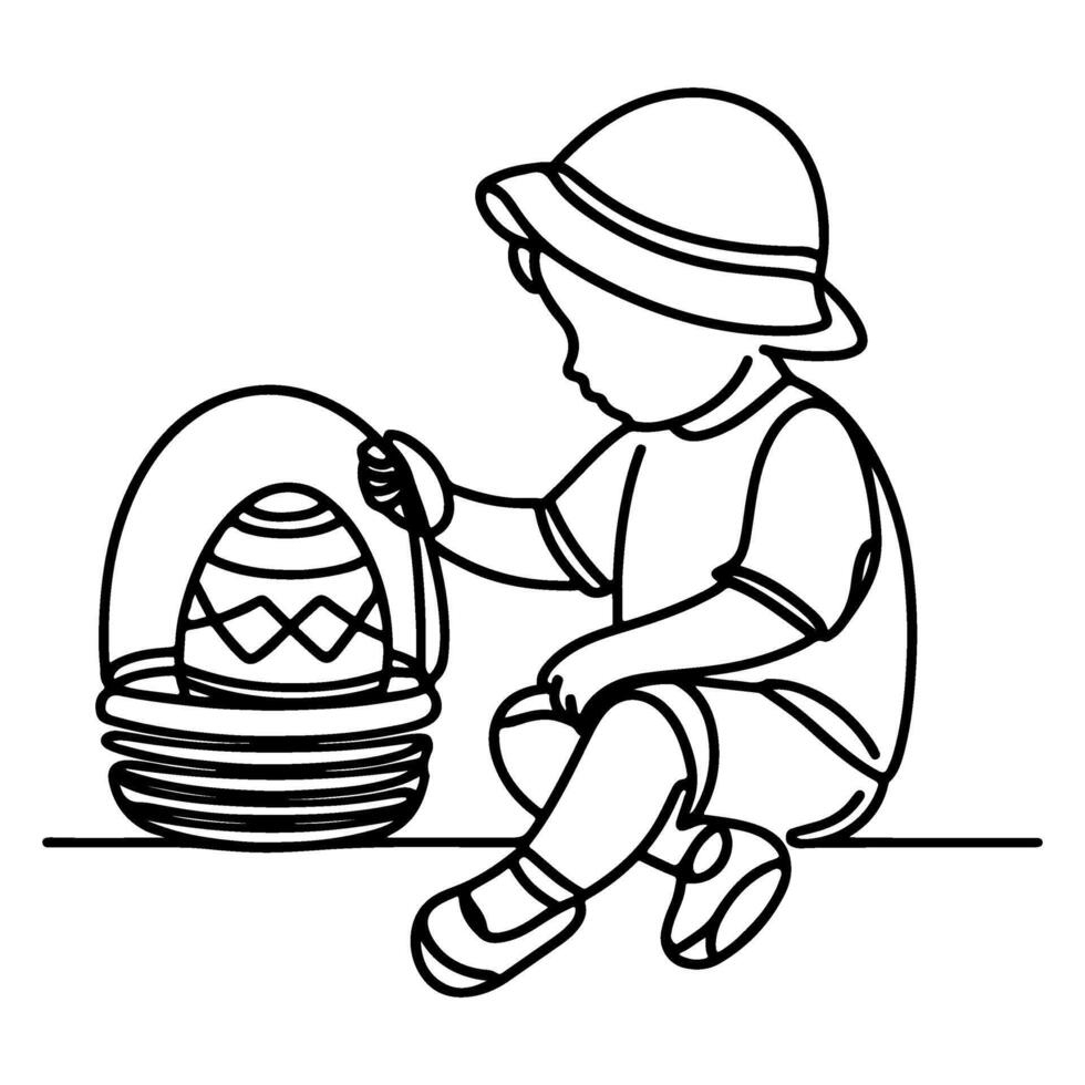 children find and pick up eggs hunt. Hand drawn bunny continuous black line drawing art. Kid carries basket easter egg doodle coloring vector illustration elements.