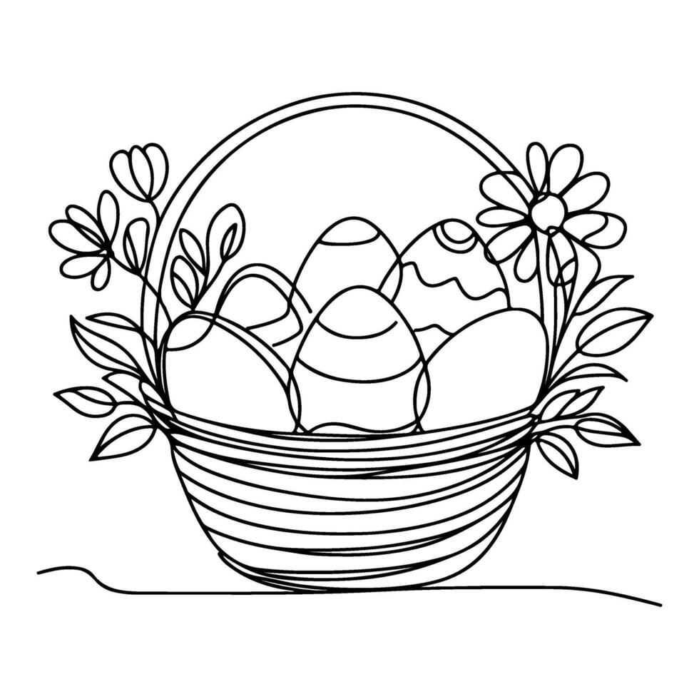 One continuous hand drawing black line basket easter eggs doodle decorated with Many different design for easter egg outline style vector
