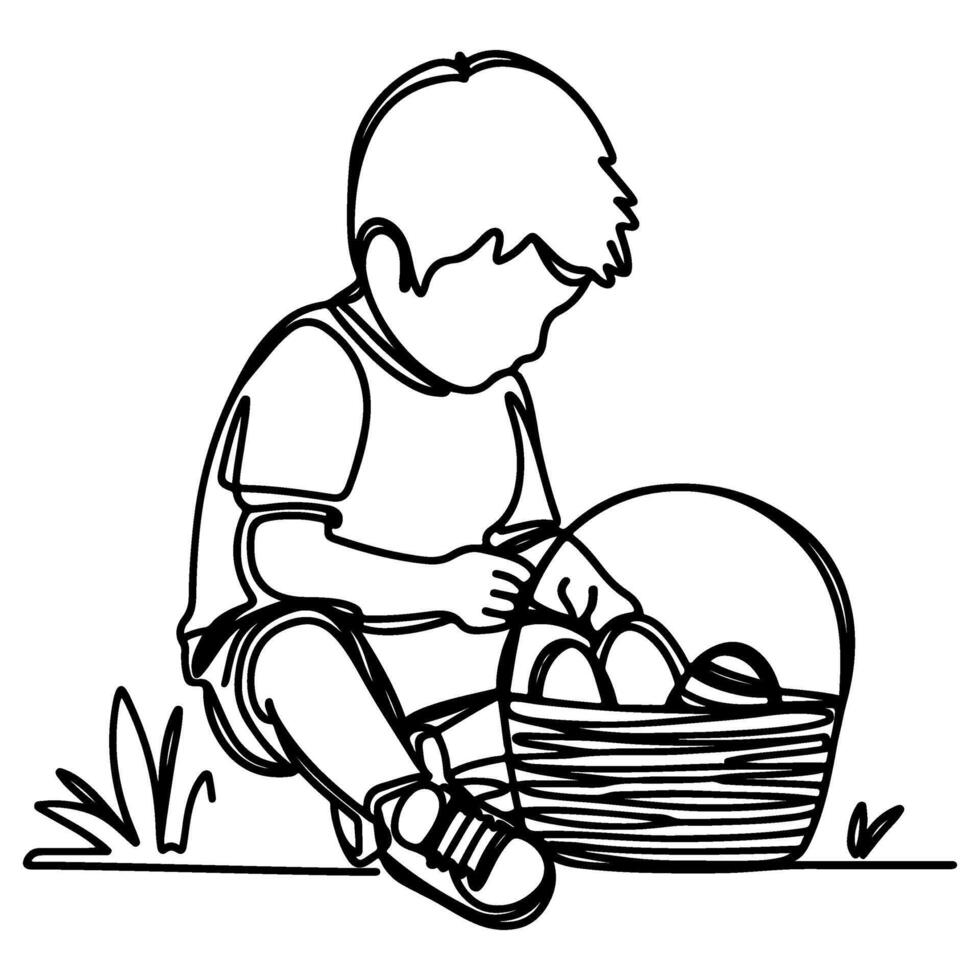 children find and pick up eggs hunt. Hand drawn bunny continuous black line drawing art. Kid carries basket easter egg doodle coloring vector illustration elements.
