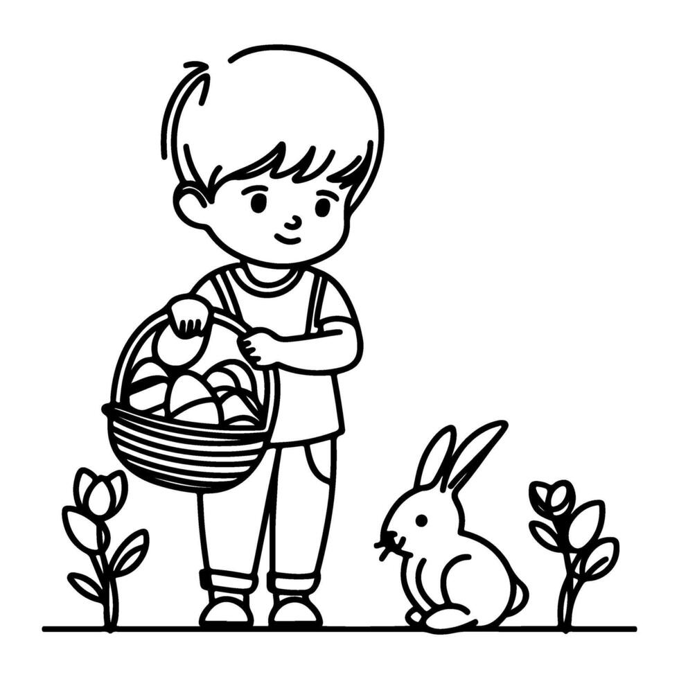 children find and pick up eggs hunt. Hand drawn bunny continuous black line drawing art. Kid carries basket easter egg doodle coloring vector illustration elements.