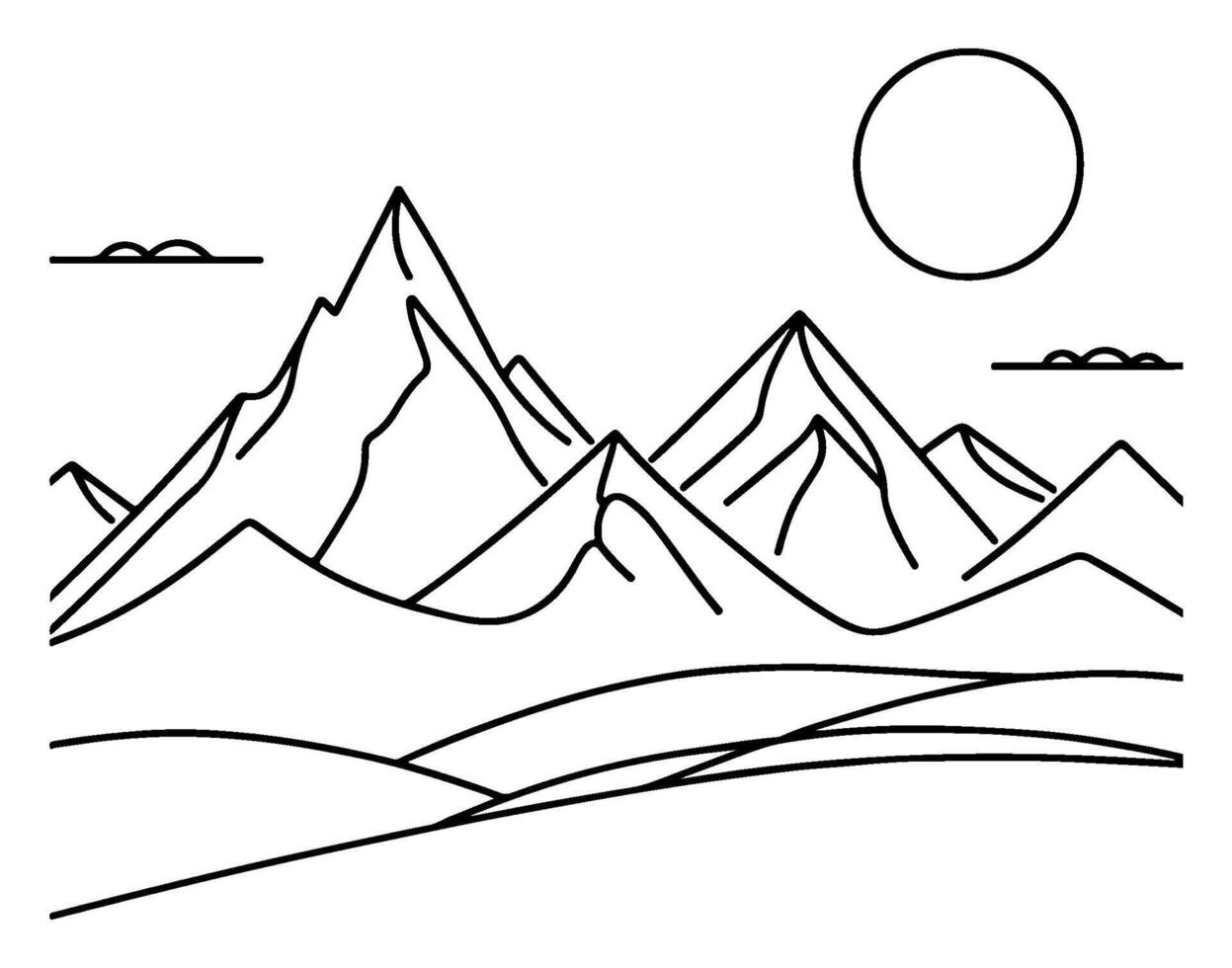 drawing mountain with forest pine trees landscape black line Sketch art Hand drawn linear style vector illustration