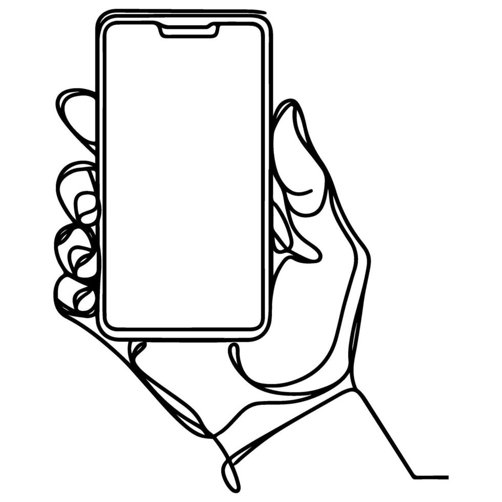 Close up hand holding modern smart phone mockup. Continuous black single lines drawing art icon. Finger touching blank screen transparent background vector