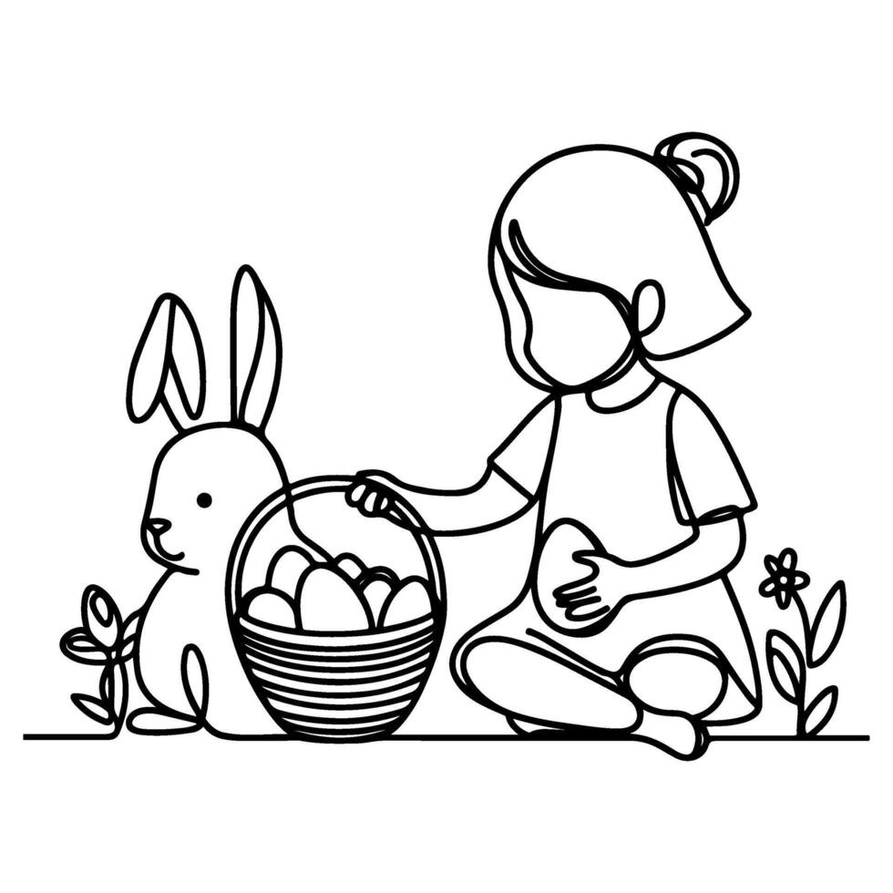 children find and pick up eggs hunt. Hand drawn bunny continuous black line drawing art. Kid carries basket easter egg doodle coloring vector illustration elements.