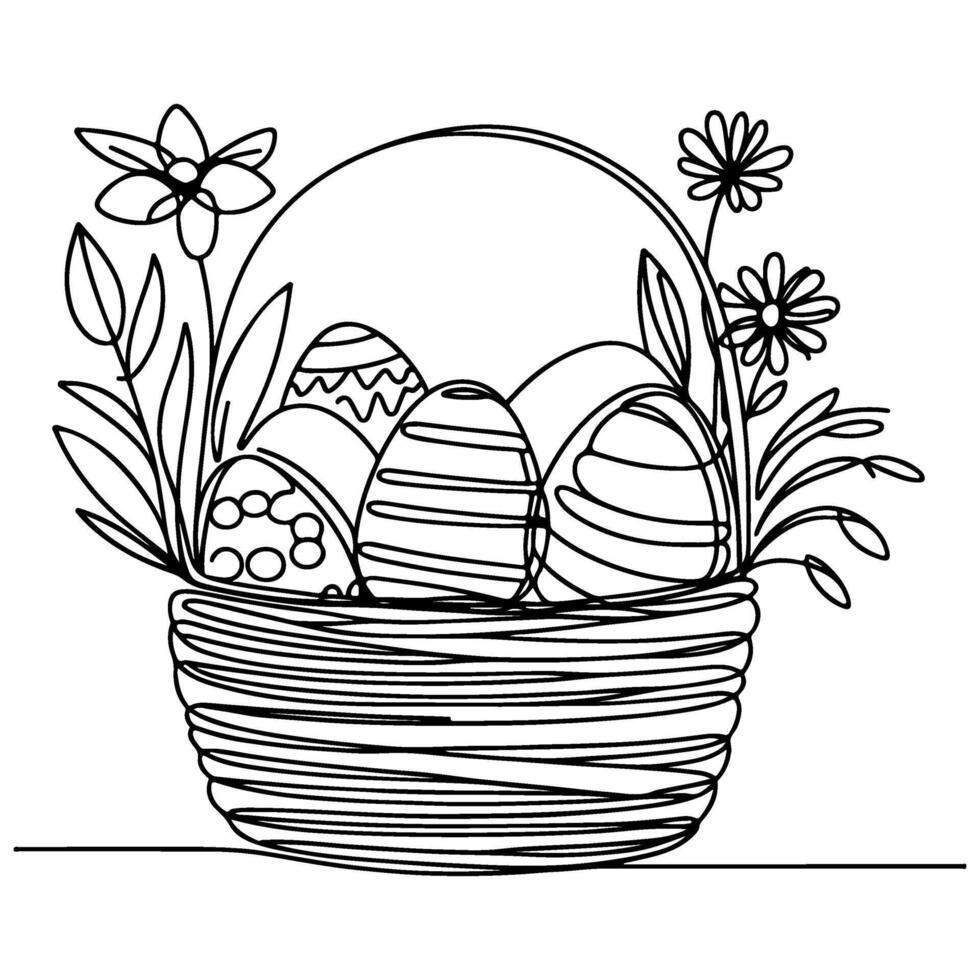 One continuous hand drawing black line basket easter eggs doodle decorated with Many different design for easter egg outline style vector