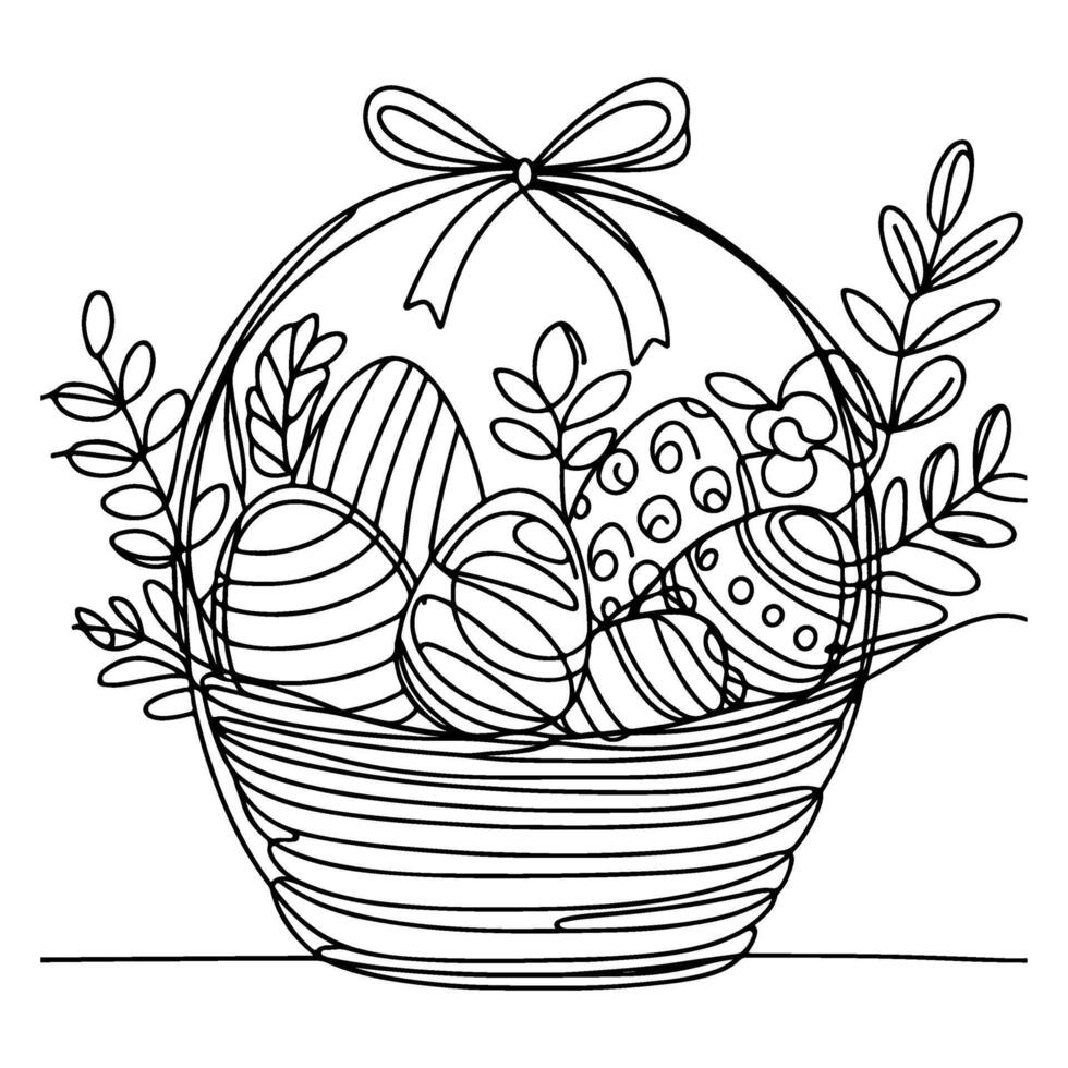 One continuous hand drawing black line basket easter eggs doodle decorated with Many different design for easter egg outline style vector