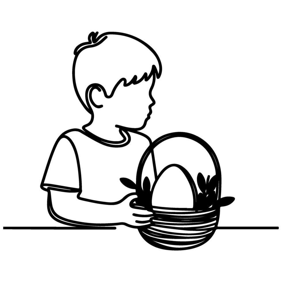 children find and pick up eggs hunt. Hand drawn bunny continuous black line drawing art. Kid carries basket easter egg doodle coloring vector illustration elements.