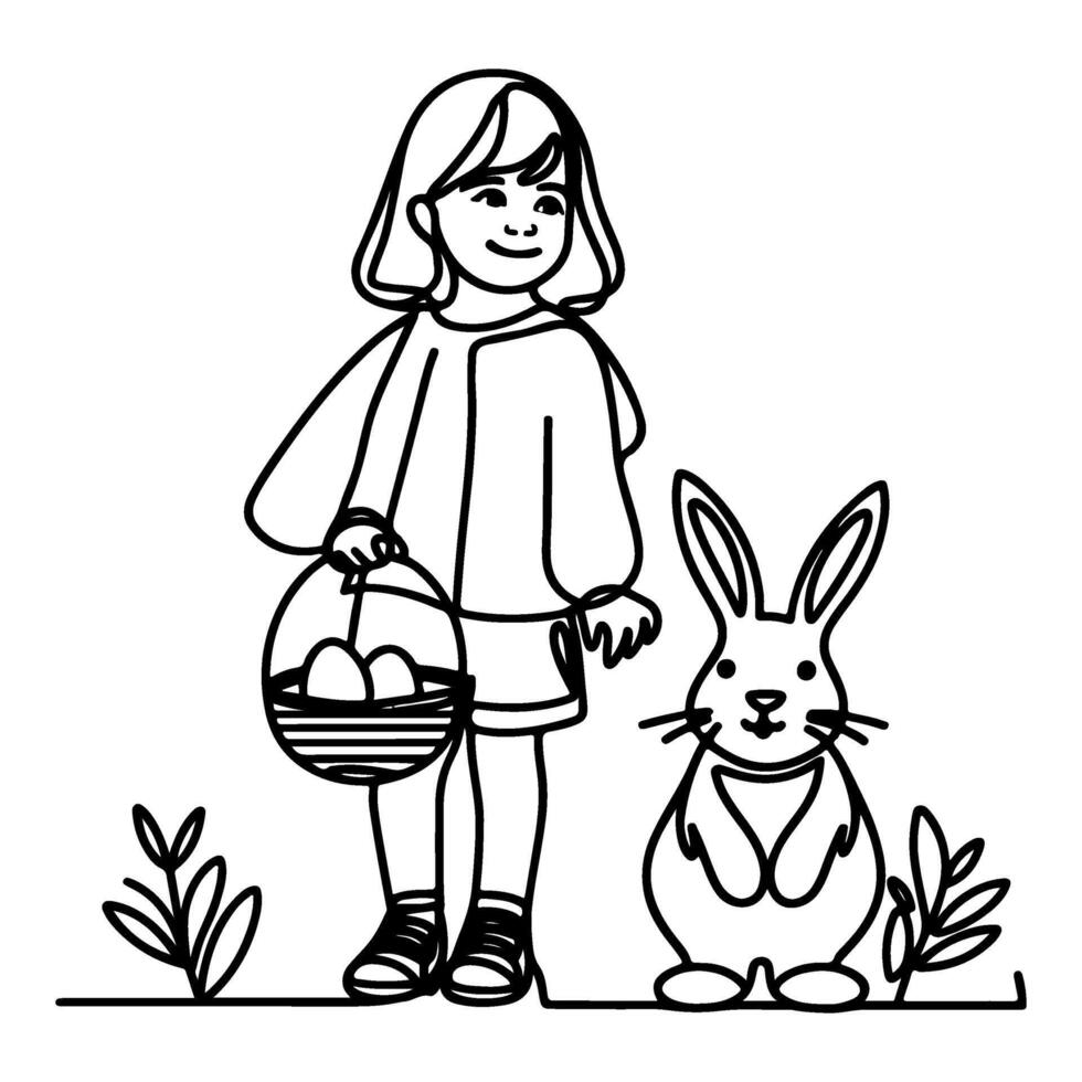 children find and pick up eggs hunt. Hand drawn bunny continuous black line drawing art. Kid carries basket easter egg doodle coloring vector illustration elements.