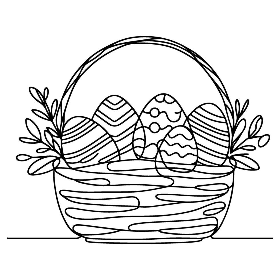 One continuous hand drawing black line basket easter eggs doodle decorated with Many different design for easter egg outline style vector