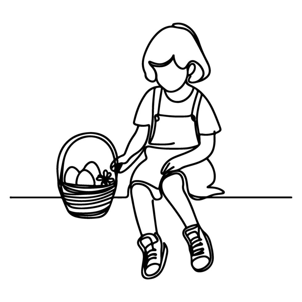 children find and pick up eggs hunt. Hand drawn bunny continuous black line drawing art. Kid carries basket easter egg doodle coloring vector illustration elements.