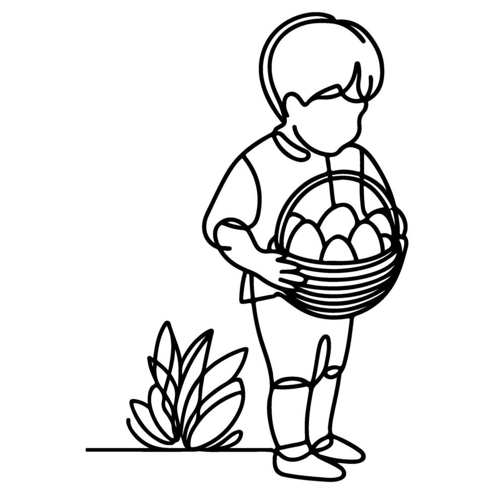 children find and pick up eggs hunt. Hand drawn bunny continuous black line drawing art. Kid carries basket easter egg doodle coloring vector illustration elements.