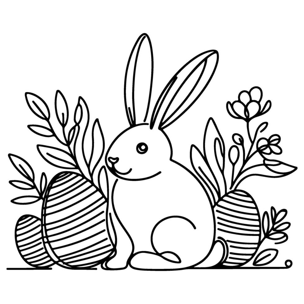 Hand drawn black line art rabbit easter egg doodle coloring linear style vector illustration elements. one continuous line drawing bunny with eggs Editable stroke outline