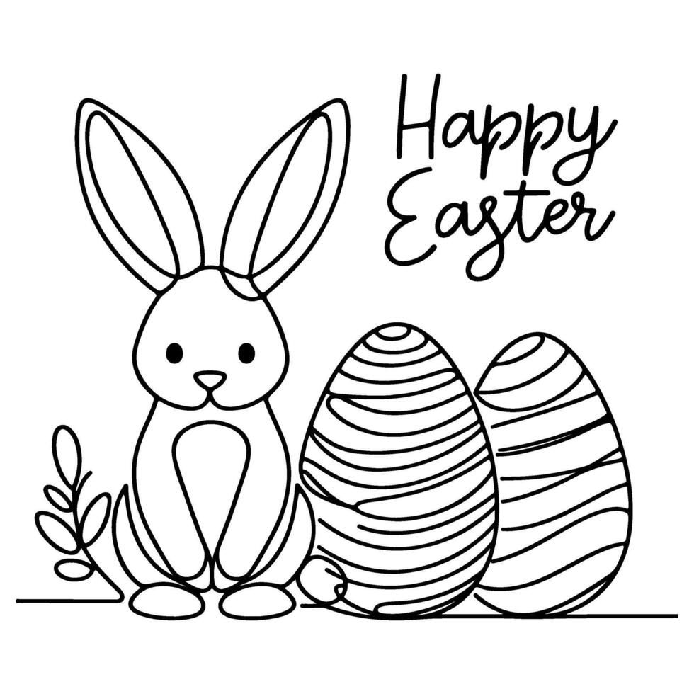 Hand drawn black line art rabbit easter egg doodle coloring linear style vector illustration elements. one continuous line drawing bunny with eggs Editable stroke outline