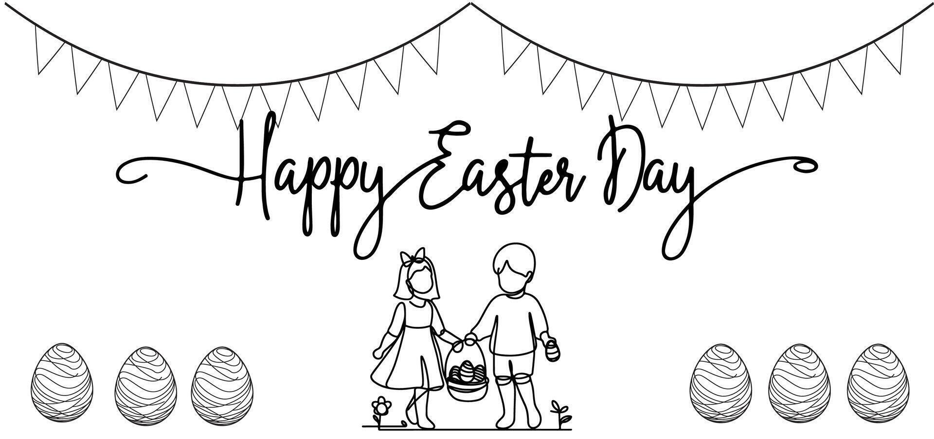 One continuous hand drawing easter egg doodle decorated banner, poster. design for rabbit easter egg on white background vector