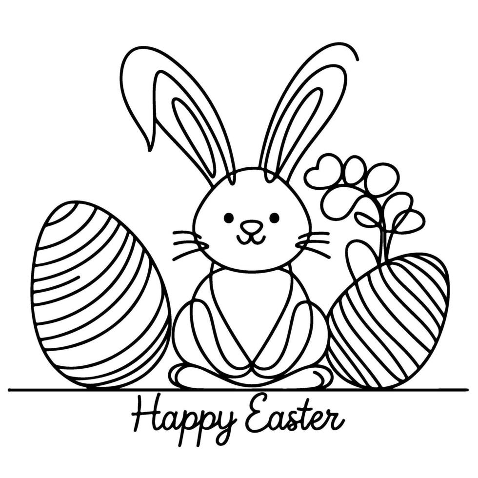 Hand drawn black line art rabbit easter egg doodle coloring linear style vector illustration elements. one continuous line drawing bunny with eggs Editable stroke outline