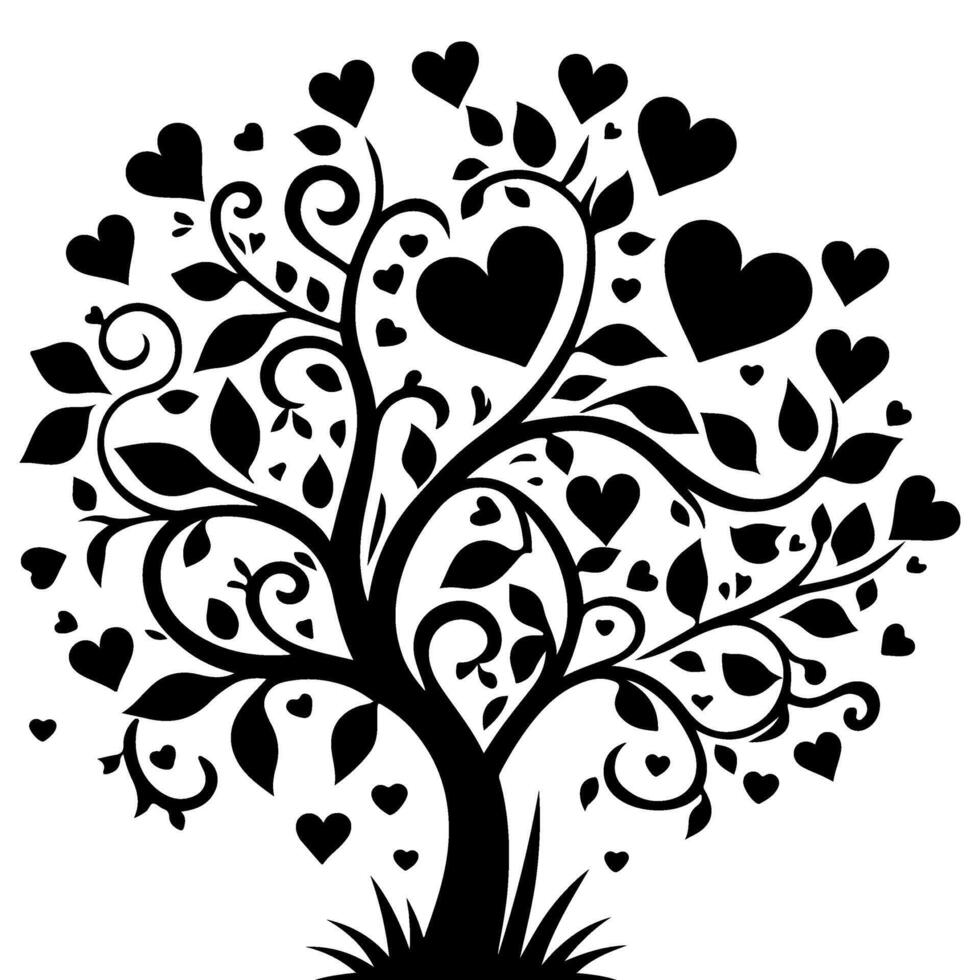 Black love tree with heart leaves. hand draw Valentine tree silhouette clip art isolated on white background, vector illustration