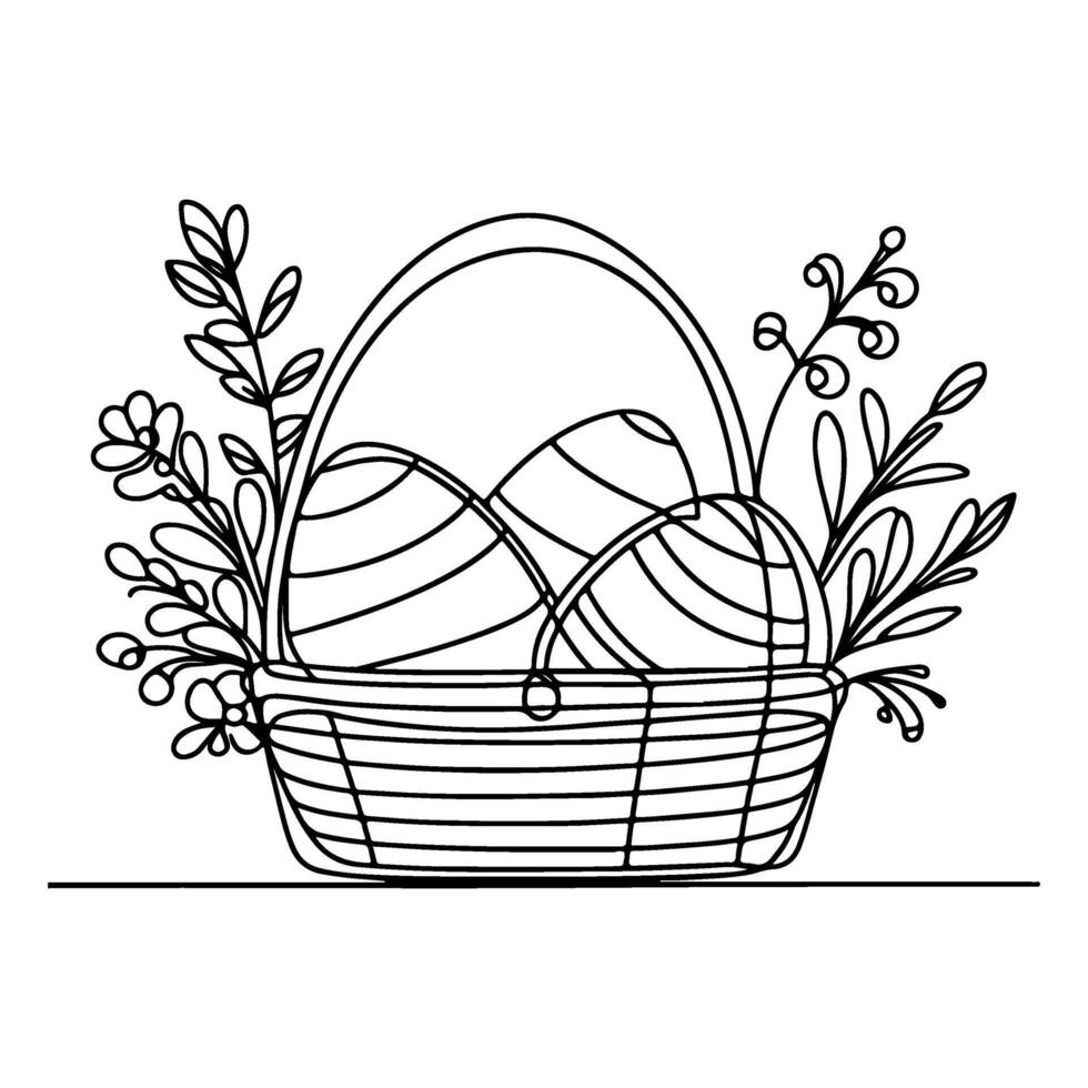 One continuous hand drawing black line basket easter eggs doodle decorated with Many different design for easter egg outline style vector