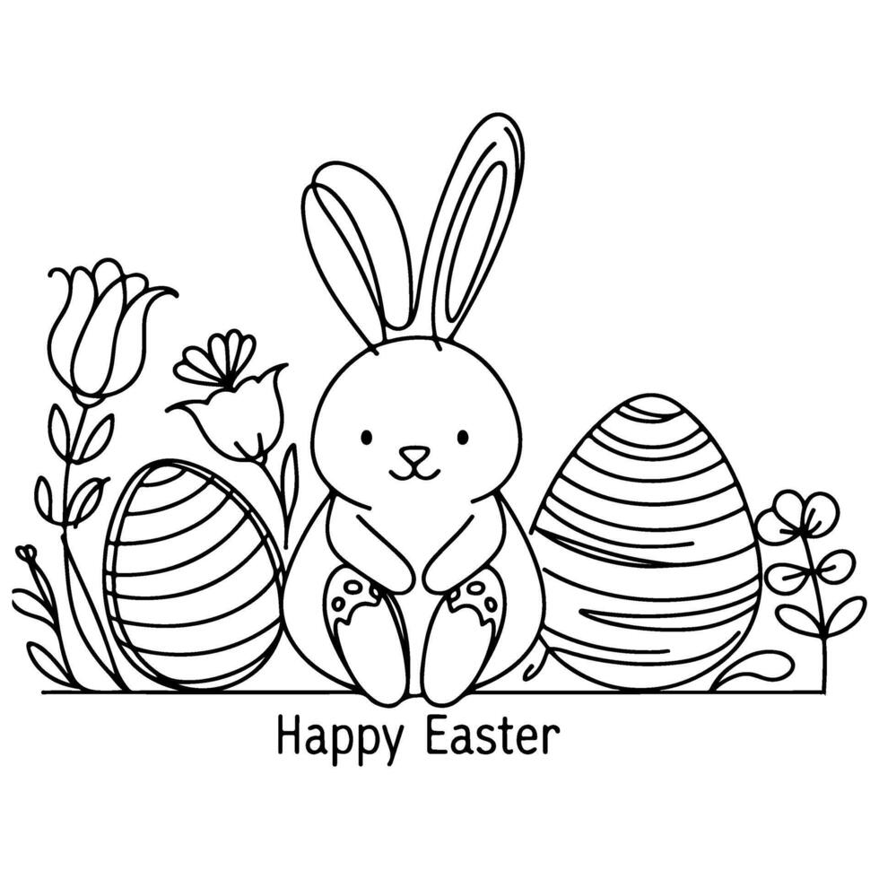 Hand drawn black line art rabbit easter egg doodle coloring linear style vector illustration elements. one continuous line drawing bunny with eggs Editable stroke outline