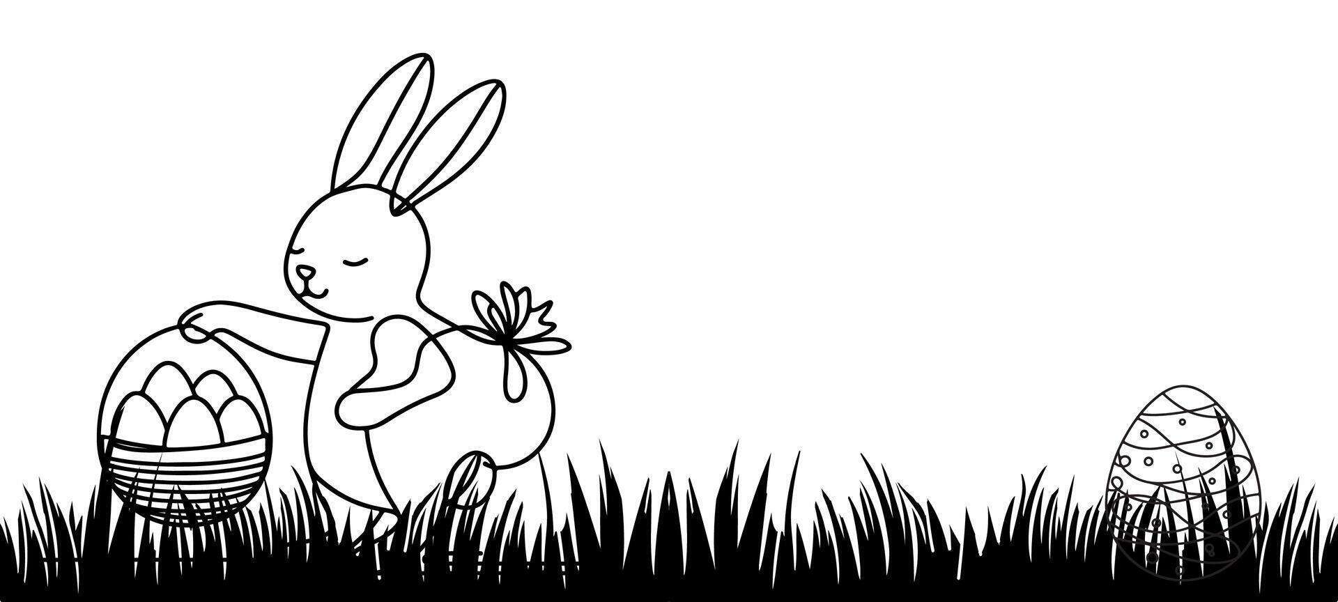 Happy easter egg day with kids, bunny. Rabbit and black grass silhouette seamless on transparent background vector