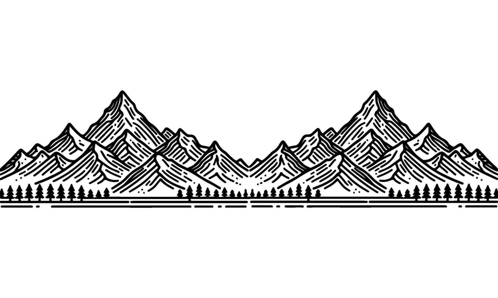 drawing mountain with forest pine trees landscape black line Sketch art Hand drawn linear style vector illustration