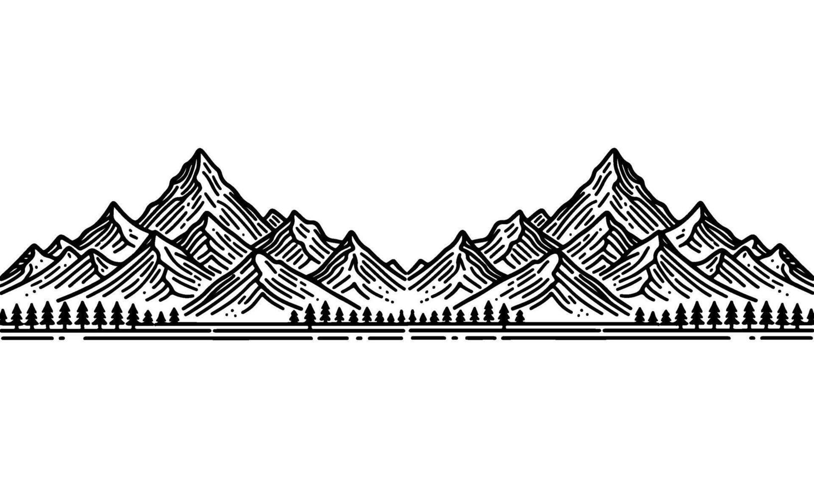 drawing mountain with forest pine trees landscape black line Sketch art Hand drawn linear style vector illustration