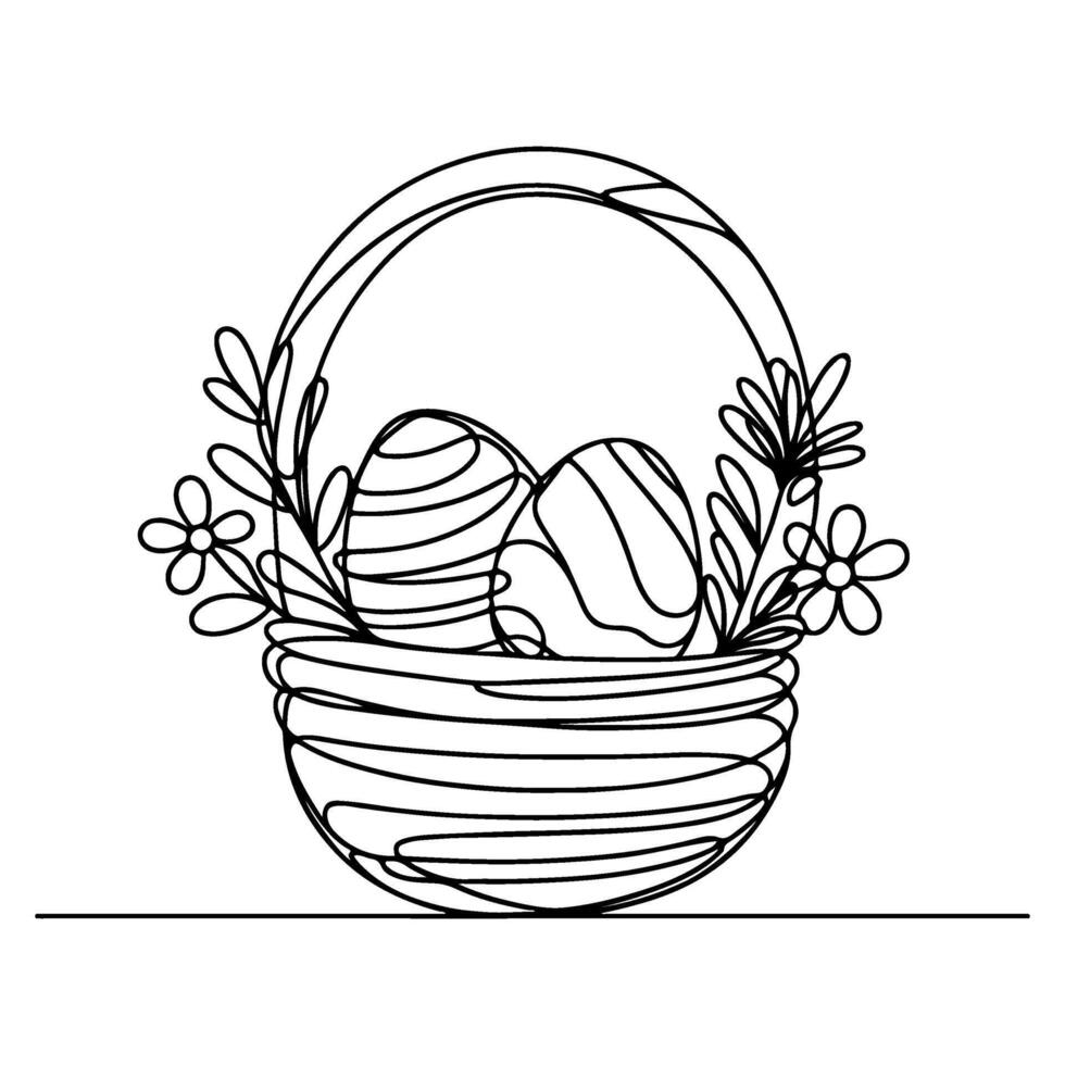 One continuous hand drawing black line basket easter eggs doodle decorated with Many different design for easter egg outline style vector