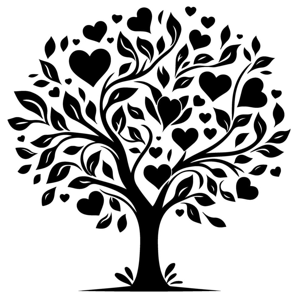 Black love tree with heart leaves. hand draw Valentine tree silhouette clip art isolated on white background, vector illustration