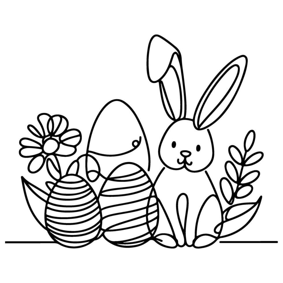 Hand drawn black line art rabbit easter egg doodle coloring linear style vector illustration elements. one continuous line drawing bunny with eggs Editable stroke outline