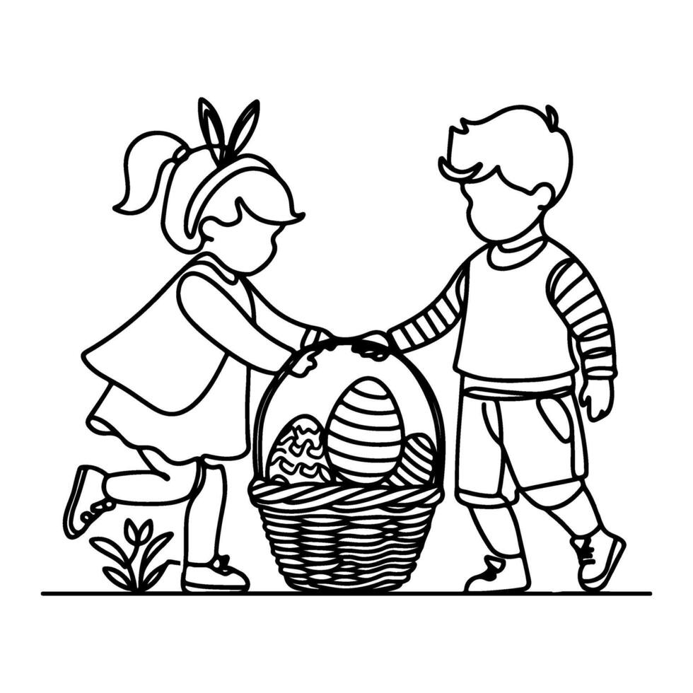 children find and pick up eggs hunt. Hand drawn bunny continuous black line drawing art. Kid carries basket easter egg doodle coloring vector illustration elements.