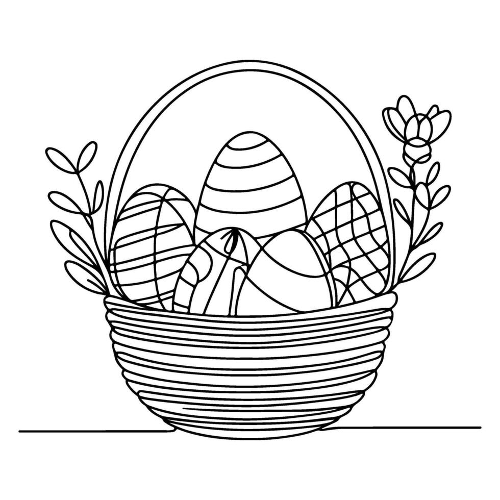 One continuous hand drawing black line basket easter eggs doodle decorated with Many different design for easter egg outline style vector