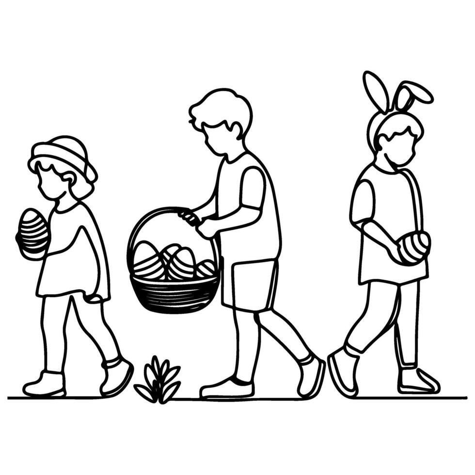 children find and pick up eggs hunt. Hand drawn bunny continuous black line drawing art. Kid carries basket easter egg doodle coloring vector illustration elements.