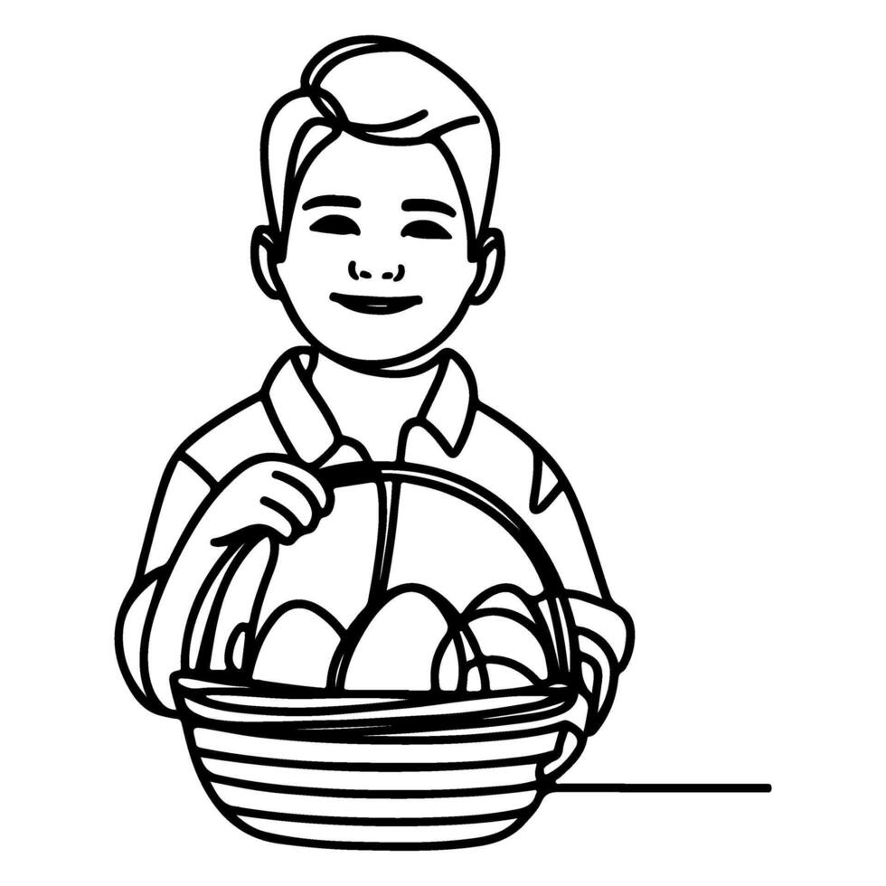 children find and pick up eggs hunt. Hand drawn bunny continuous black line drawing art. Kid carries basket easter egg doodle coloring vector illustration elements.