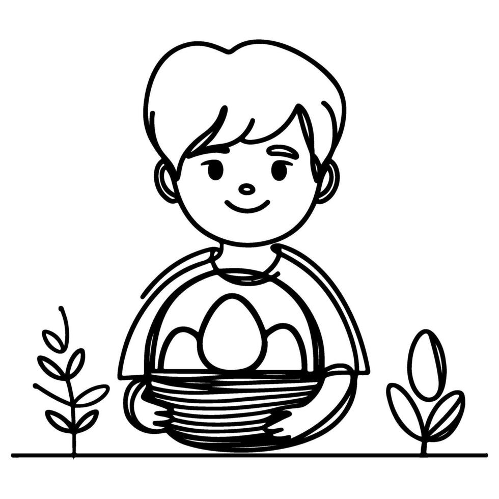 children find and pick up eggs hunt. Hand drawn bunny continuous black line drawing art. Kid carries basket easter egg doodle coloring vector illustration elements.