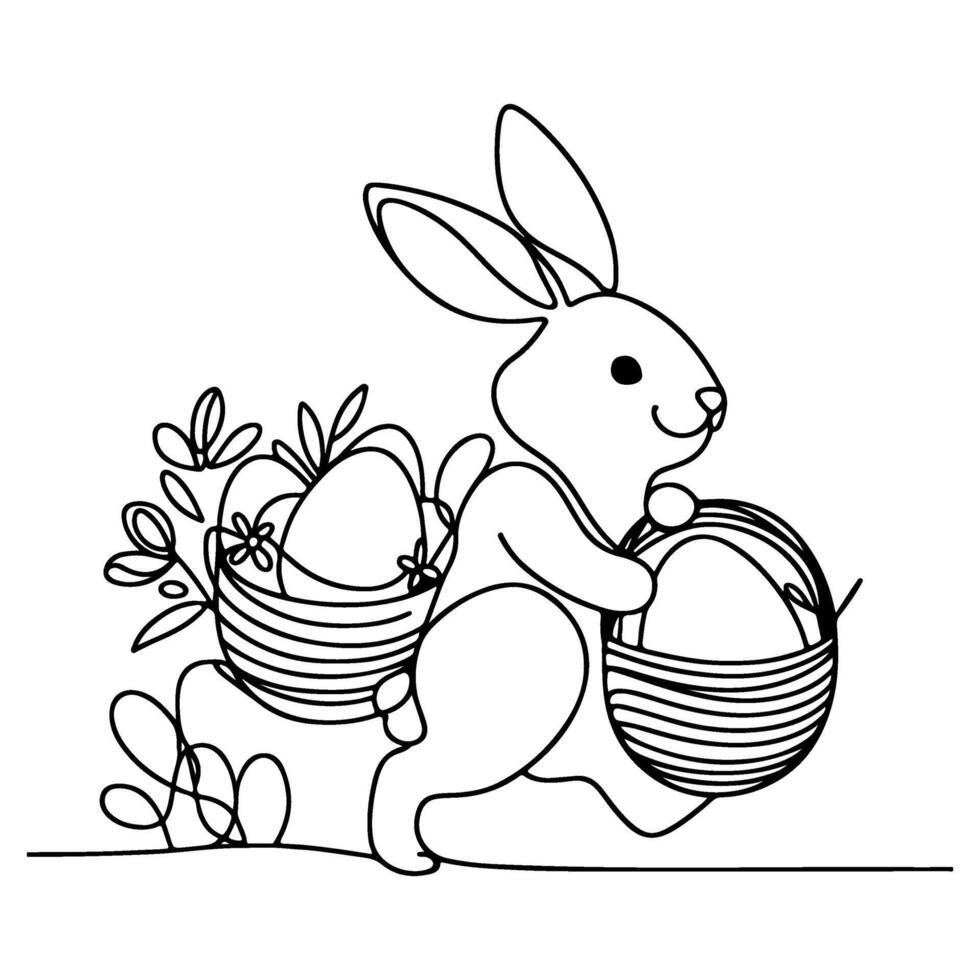 Hand drawn black line art rabbit easter egg doodle coloring linear style vector illustration elements. one continuous line drawing bunny with eggs Editable stroke outline