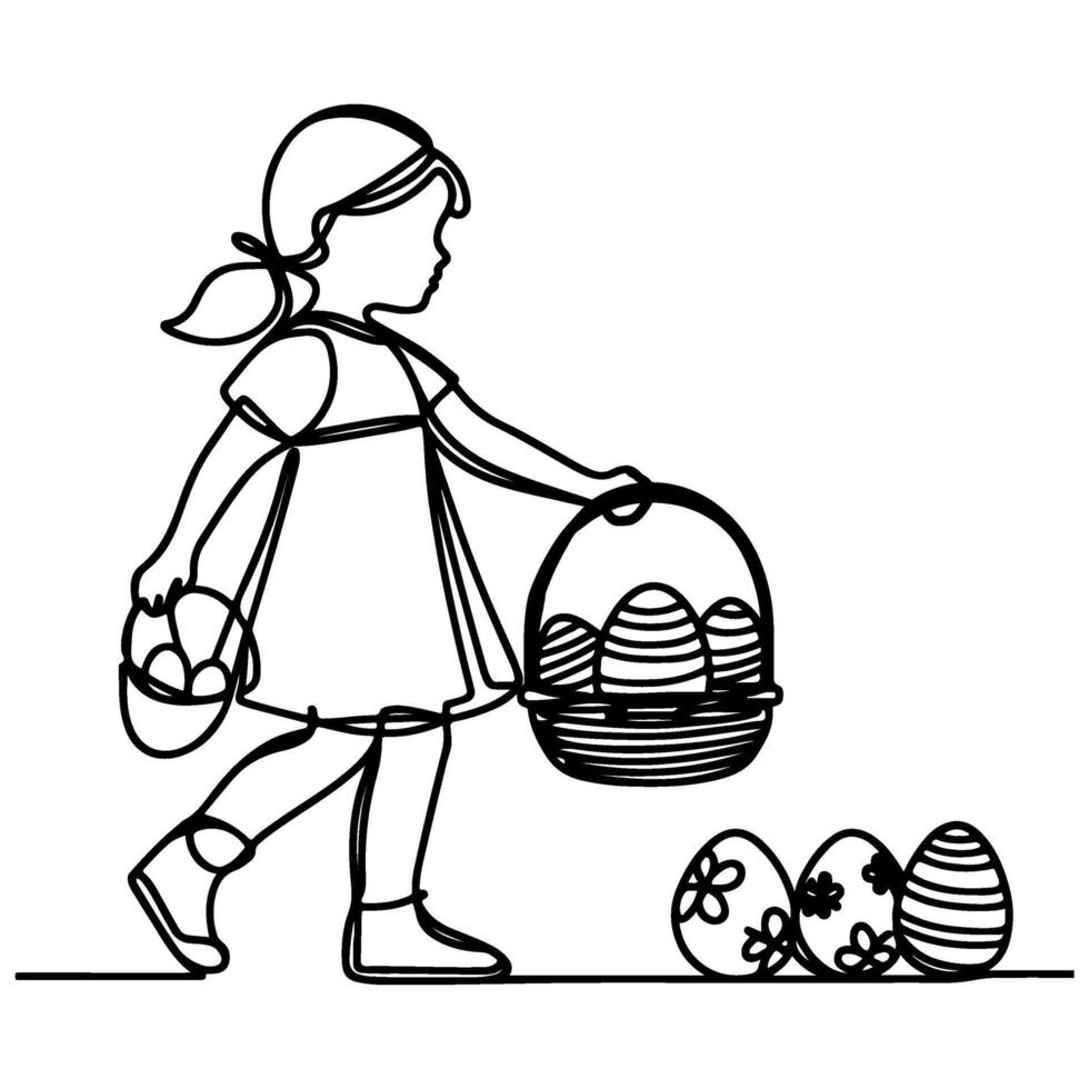 children find and pick up eggs hunt. Hand drawn bunny continuous black line drawing art. Kid carries basket easter egg doodle coloring vector illustration elements.