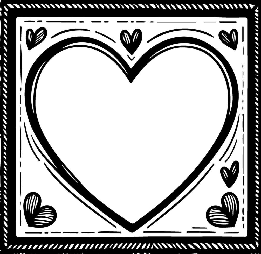 Hand drawn black lines art simple square heart shape border frame. Doodle sketch style decorative element vector for banner, poster, wedding